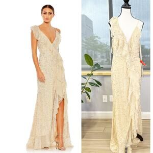 EMBELLISHED RUFFLED FAUX WRAP SLEEVELESS GOWN Size 8